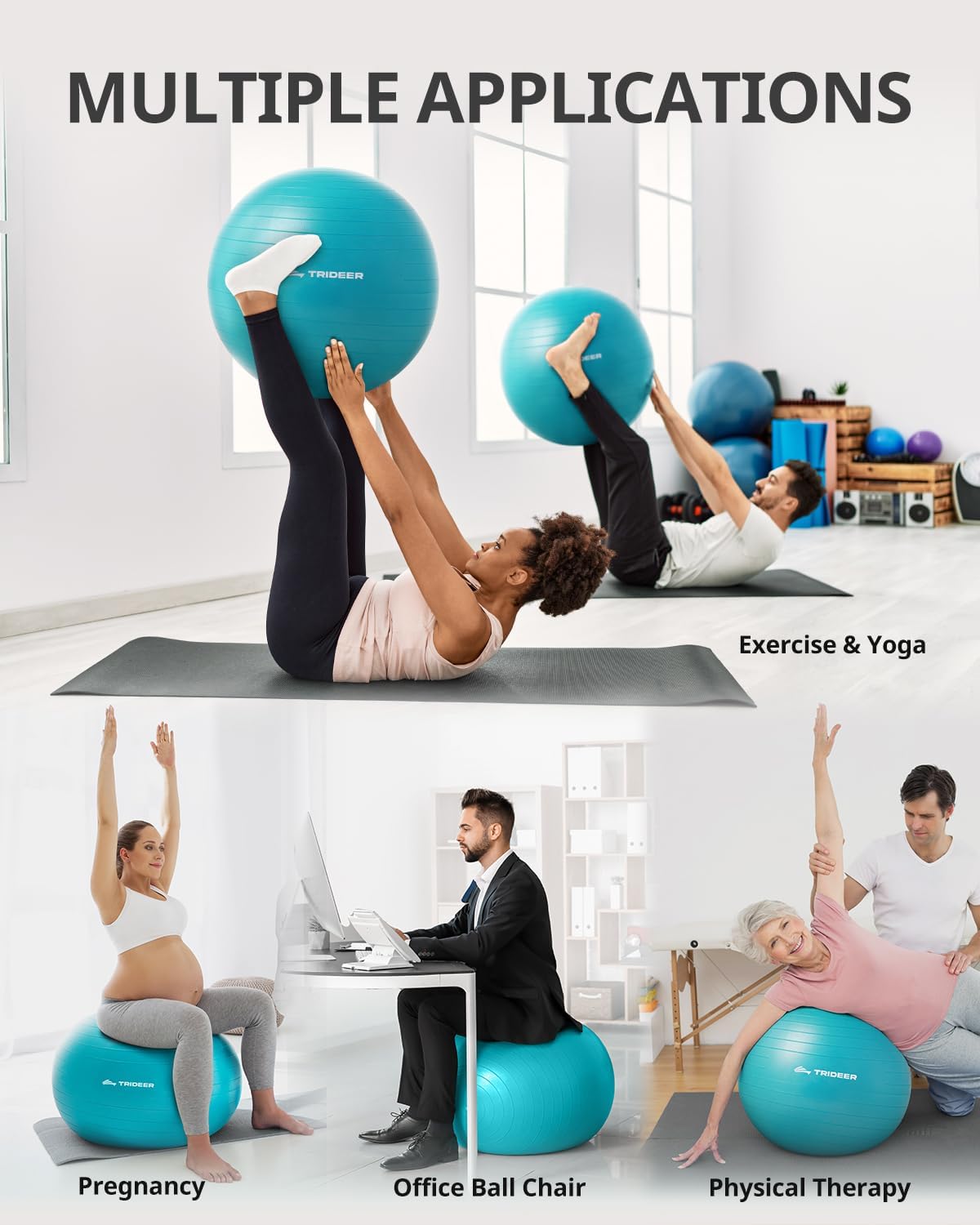 Trideer Extra Thick Yoga Ball Exercise Ball, 5 Sizes Gym Ball, Heavy Duty Ball Chair for Balance, Stability, Pregnancy, Quick Pump Included