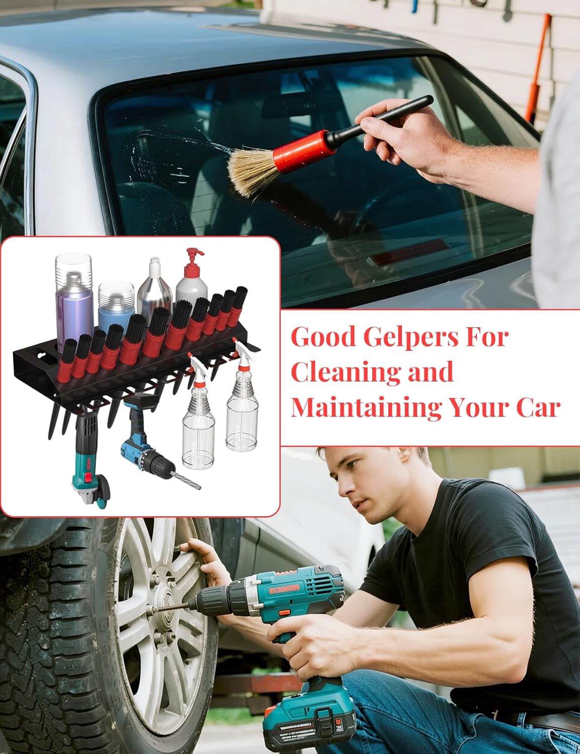 Spray Bottle Storage Rack, Wall Mount Bottle Organizer Car Detailing, Detailing Brush Organizer, Car Beauty Shop Accessory Display, 3/8" Air Tool Holder for Garage and Workspace, 2Pcs, Black