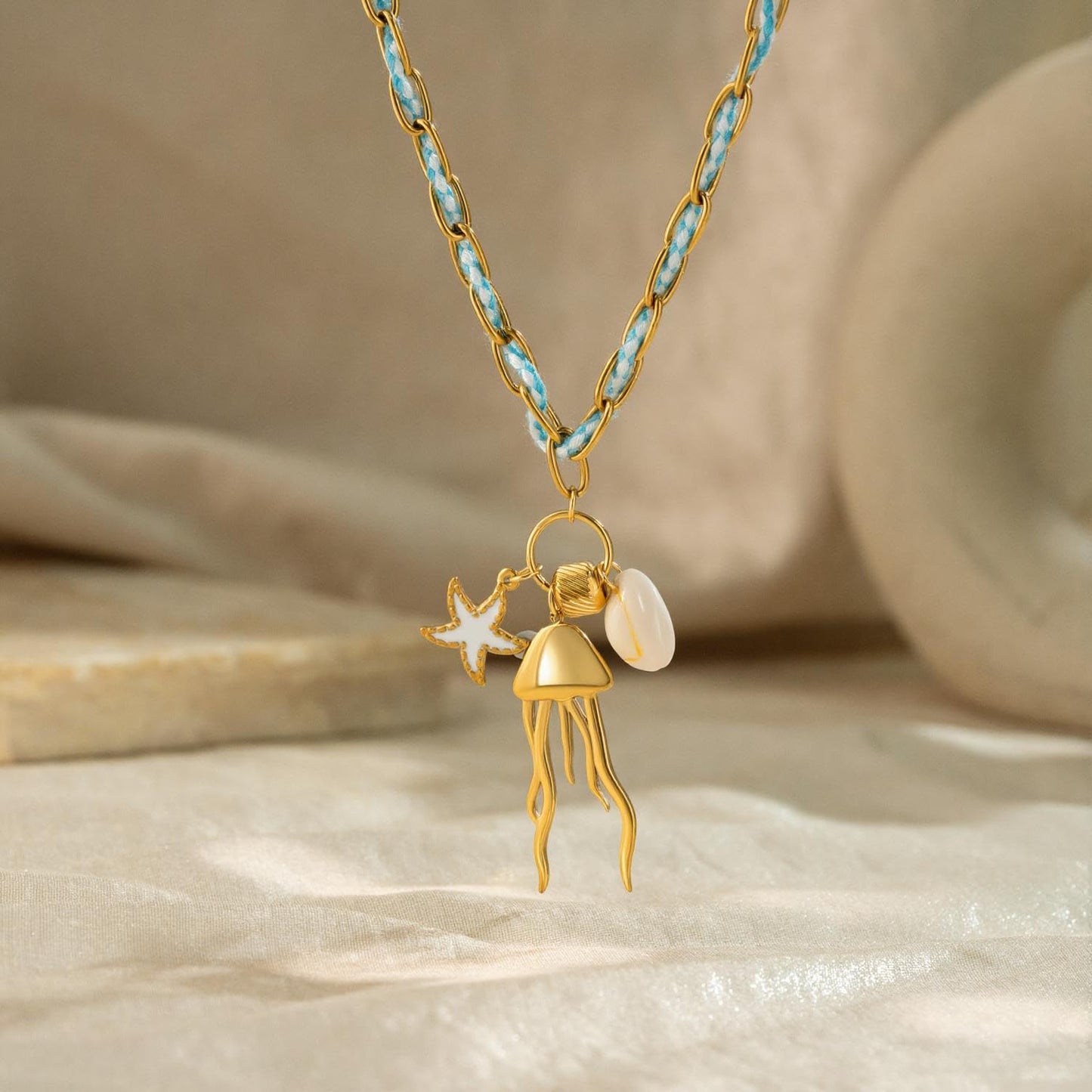WASAIE Jellyfish Starfish Shell Blue Charm Braided Choker Necklace for Women, Adjustable Gold Plated Stainless Steel Paperclip Chain, Beach Surf Vacation Summer Travel Jewelry