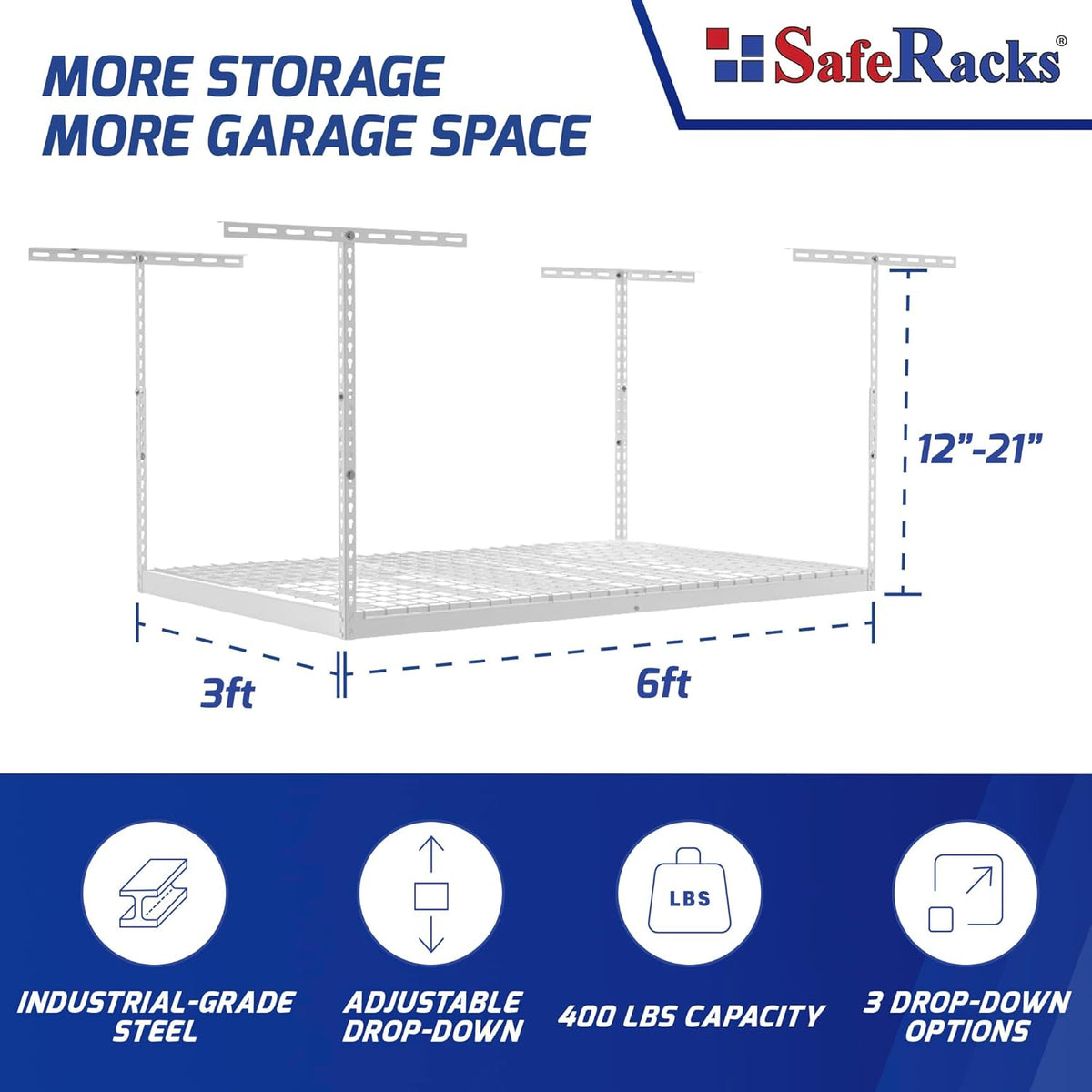 SafeRacks Overhead Garage Storage Rack - Heavy Duty Racks for Garage with 400 lb Capacity, Easy Garage Shelving, Adjustable Storage Rack, Ceiling Mount Storage Shelves 3x6 White (12"-21")
