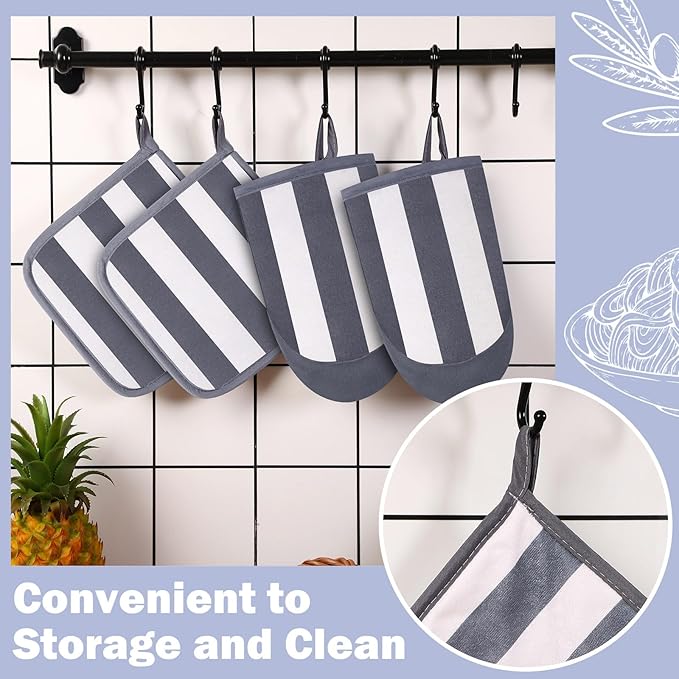 Reallnaive Oven Mitts and Pot Holders 4 Pcs Set for Kitchen, Stripe Cotton Oven Mitten Gloves Hot Pads Heat Resistant 500°f Outdoor Indoor Garden Baking Cooking BBQ Gift Hanging Loop, Beige (Gray)