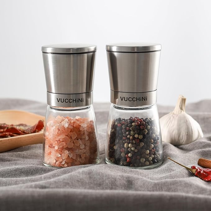 VUCCHINI Salt and Pepper Grinder Set - Adjustable Stainless Steel Spice Ceramic Grinders Mill Shaker for Kitchen Table - Stainless Steel color