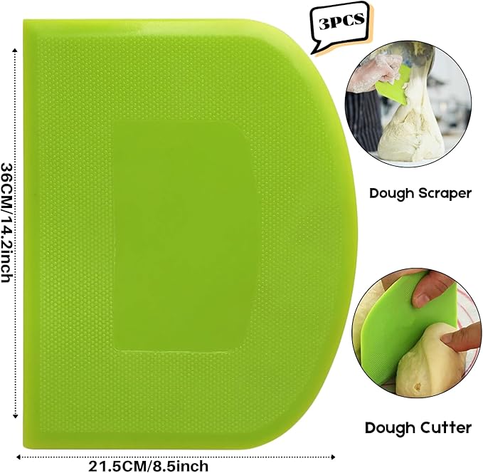 SURDOCA Dough Scraper Bench Scraper - 3P 14.2x8.5" Plastic Flexible Bowl Scraper, Sharp Edge & Angles Cake Scraper. Non-Slip Bakeware Decorating Tools Sculpting & Modeling Tools - Green+Pink+Green