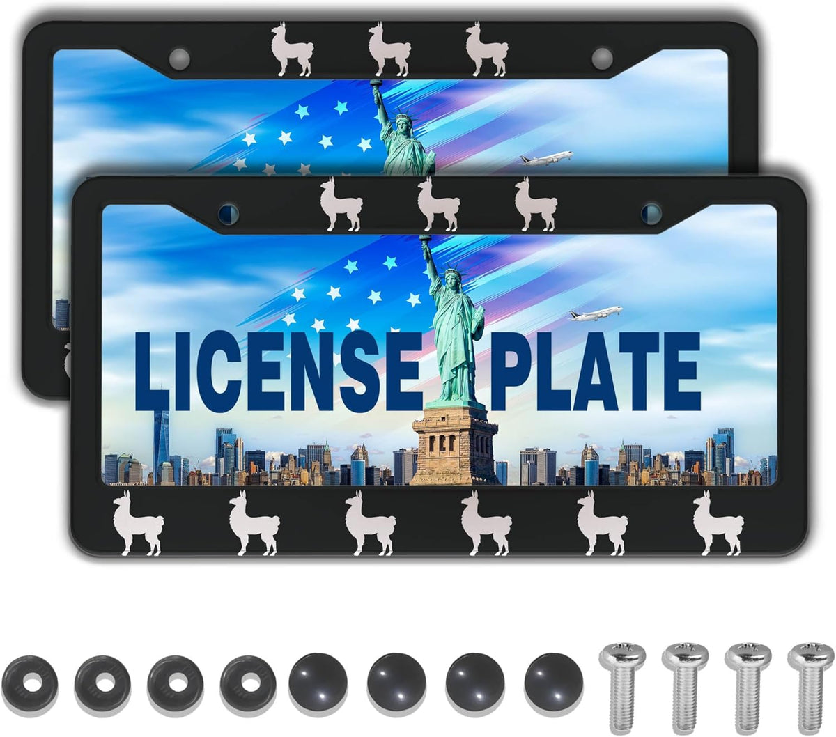 License Plate Frames Black and White Automotive Exterior Accessories Llama Aluminum Metal Car Accessory 2 Pack with Screw Covers Set
