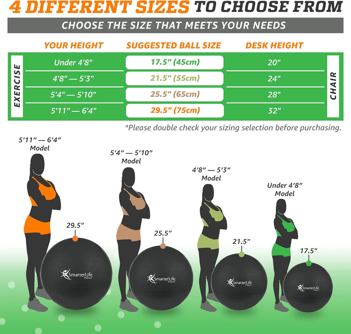 SmarterLife Exercise Ball Yoga Ball for Fitness, Balance, Stability, or Pregnancy, Gym Ball for Core Workout, Physical Therapy, Yoga Ball Chair for Office, Anti-Slip Anti-Burst