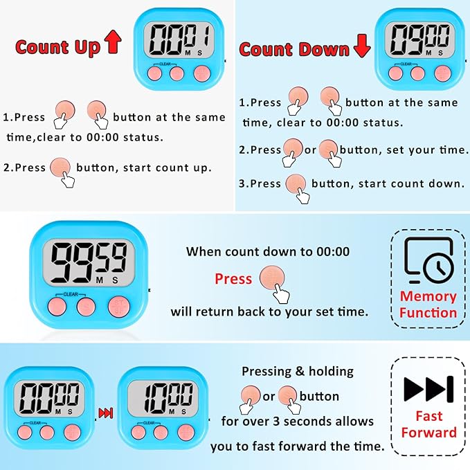 ZILLEEN 6 Pack Kitchen Timers for Cooking Digital Classroom Timers for Kids Teachers Blue Green Purple