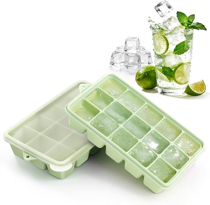 Silicone Ice Cube Tray, 2 Pack Ice Trays for Freezer with Lid, Easy Release and Stackable Silicone Ice Molds, Covered Ice Cube Trays for Cocktails, Whiskey, Coffee (Green)