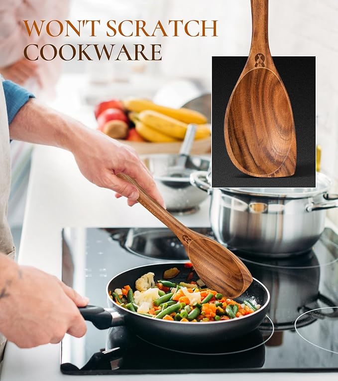 Wooden Spoons for Cooking, Natural Premium Teak Wood Corner Spoon, Good Grip Large Wooden Spoons & Wooden Spatula, Heat Resistant Wooden Cooking Utensils for Nonstick Cookware Cooking Gift - Left Hand