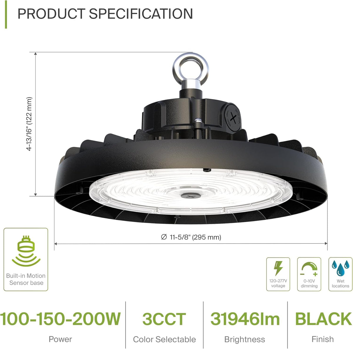 ASD LED High Bay UFO Light Fixture, Commercial Shop Lighting | 3CCT, Dimmable, IP69K Waterproof, DLC Premium, UL Listed | 200W 31900LM 3000-5000K 100-277V | Warehouse, Garage, Workshop Lamp | Black