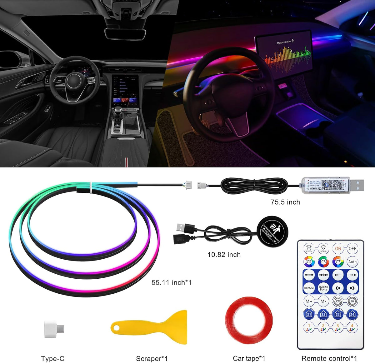 Dream+Color Acrylic Interior Car LED Strip Light with Motion Sensor Switch, 55.1 inches Neon LED Strip Light, RGB Colors Ambient Lighting Kits
