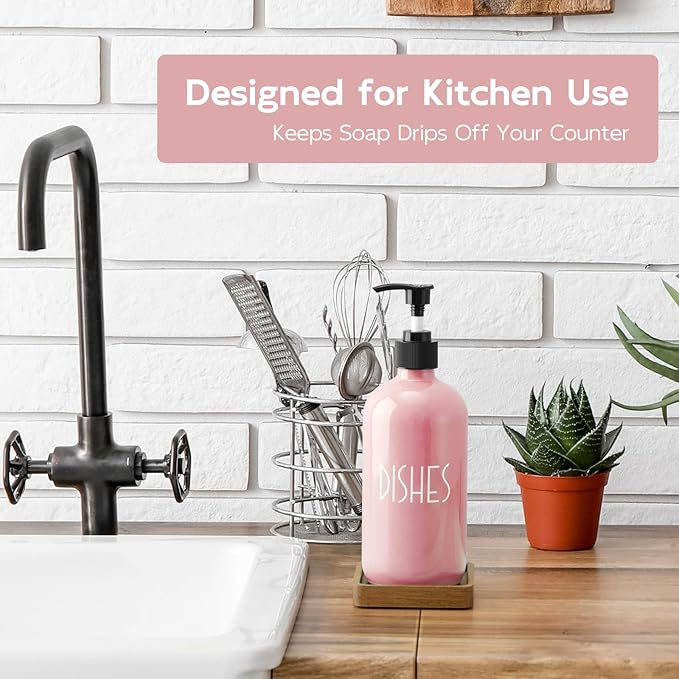 Pink Glass Dish Soap Dispenser with Acacia Wood Tray, 16 oz Refillable Kitchen Soap Pump Bottle, Decorative Countertop Soap Dispenser Set for Kitchen Bathroom Accessories