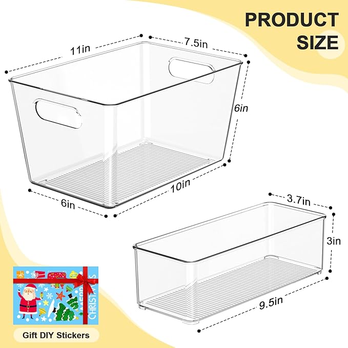 Set of 4 Clear Plastic Storage Bins, 2 Large +2 Small Pantry Organizers and Storage Containers for Kitchen Organization, Home Storage Essentials for Cabinet, Office, Garage, Freezer& Bathroom