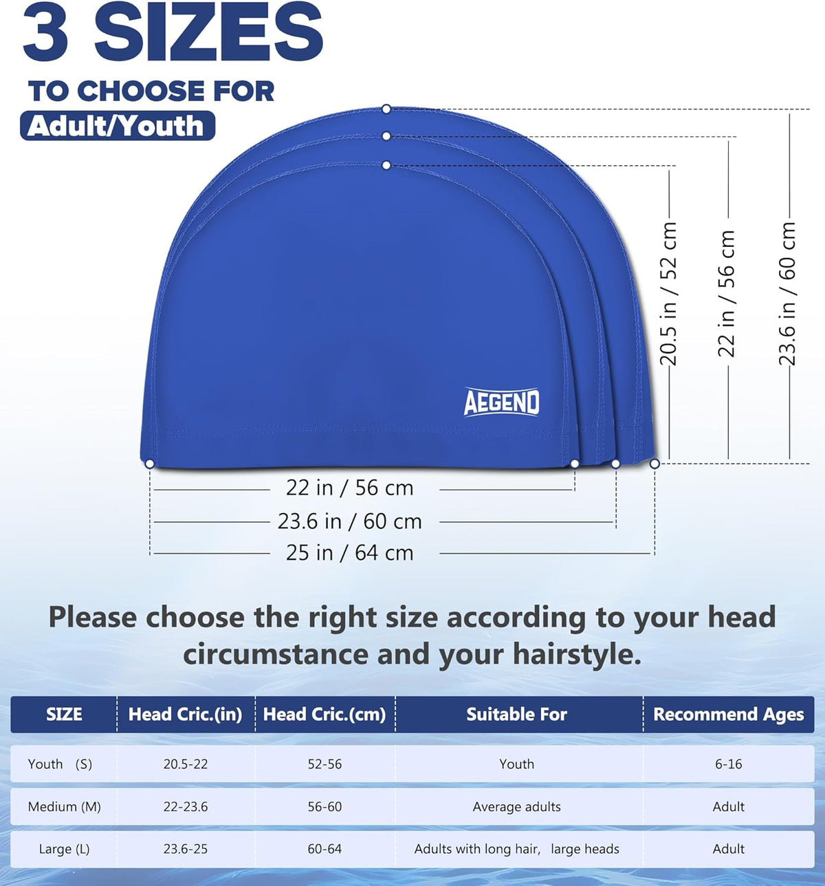 Aegend Fabric Swim Cap, Silicone Waterproof Layer - Breathable Cloth Swimming Cap, Keep Hair Dry with Hight Elasticity for Youth(8-16) Adult, 2 Sizes to Choose