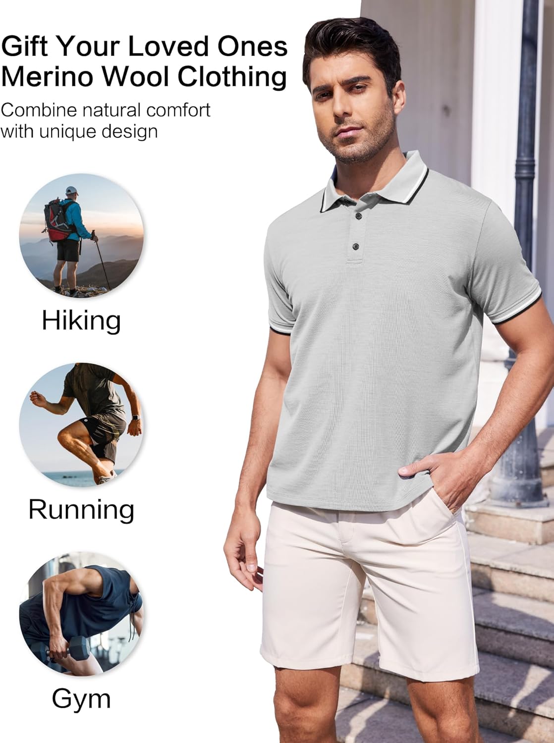 Merino Wool Polo Shirts for Men for Work Sport, Lightweight Breathable Moisture Wicking Mens Polo Shirt Short Sleeve