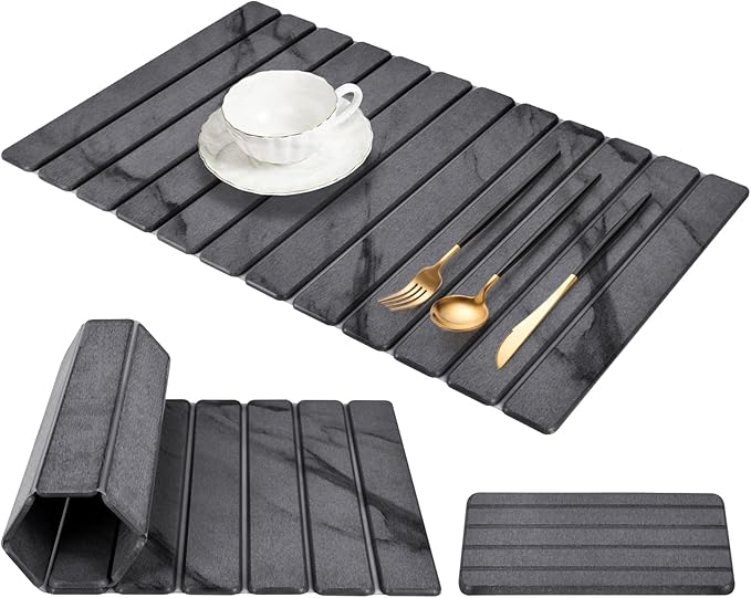Extra Large Stone Dish Drying Mat for Kitchen Counter, 28"(L)×16"(W) Collapsible Quick Drying Dish Mats, Super Absorbent Drying Pad, Kitchen Counter Mats for Dishes, Bottles, Cups, Gray Mable