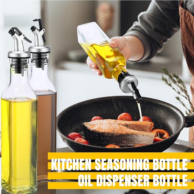 Hushee 12 Pcs Clear Glass Olive Oil Dispenser Bottles Sets Include 8oz Glass Bottle with Spout Oil Vinegar Cruet Container for Kitchen Stainless Steel Funnel Black Labels with White Pen(Silver)