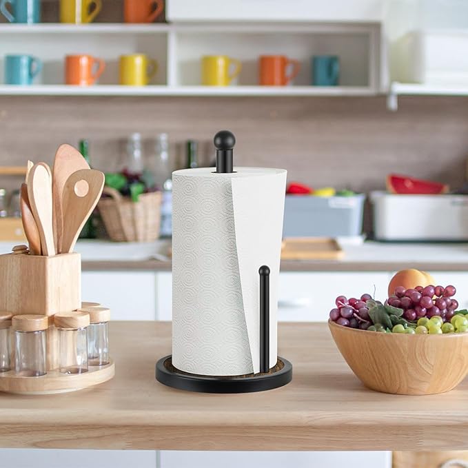 YINMIT Paper Towel Holder Countertop, Standing Paper Towel Roll Holder with Wooden Base, Rustic Farmhouse Paper Towel Holders for Kitchen Counter, Fits Standard or Jumbo-Sized Rolls