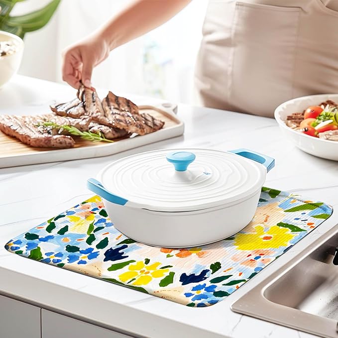 Blue and Yellow Floral Large Dish Drying Mats, Reversible Dish Drying Pads for Kitchen Counter Foldable and Stored in a Drawer,18"x24" Extra Large Draining Mat Protect for Kitchen,Bar Counter
