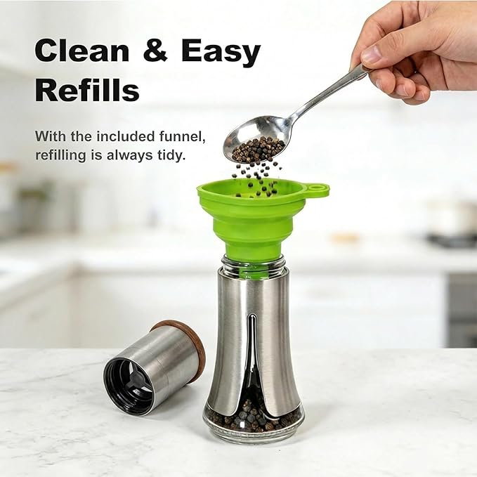 Aelga Pepper Mill - 4oz Stainless Steel Pepper Grinder Manual with 5-Level Adjustable Coarseness, Wood Lid, Silicone Funnel