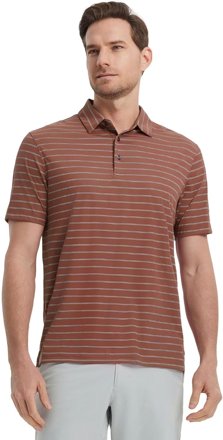 M MAELREG Mens Striped Golf Shirts Short Sleeve Silk-Like Touch Water-Resistant Breathable Soft Collared Polo Shirts for Men