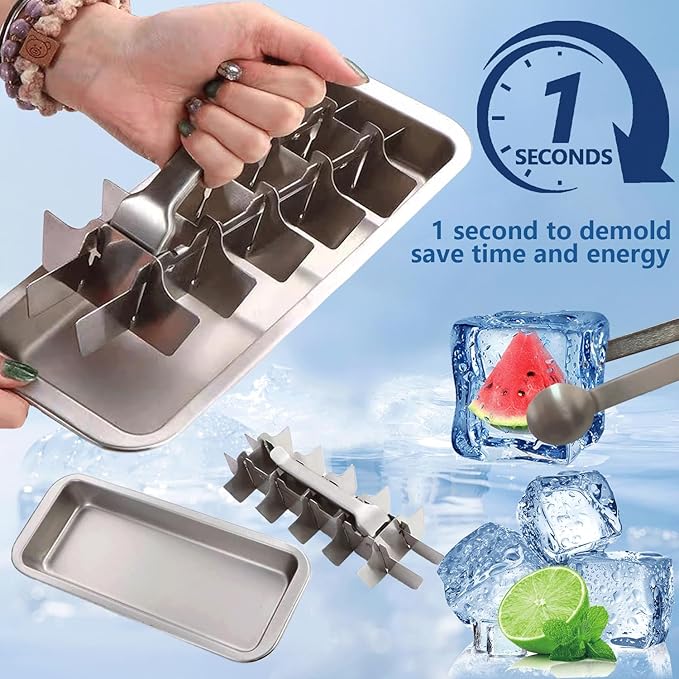 Stainless Steel Ice Cube Trays, Metal Ice Cube Trays for Freezer Vintage Inspired Design with Release Lever Remove Handle for Making Large Cubes Kitchen & Bar (1pcs)