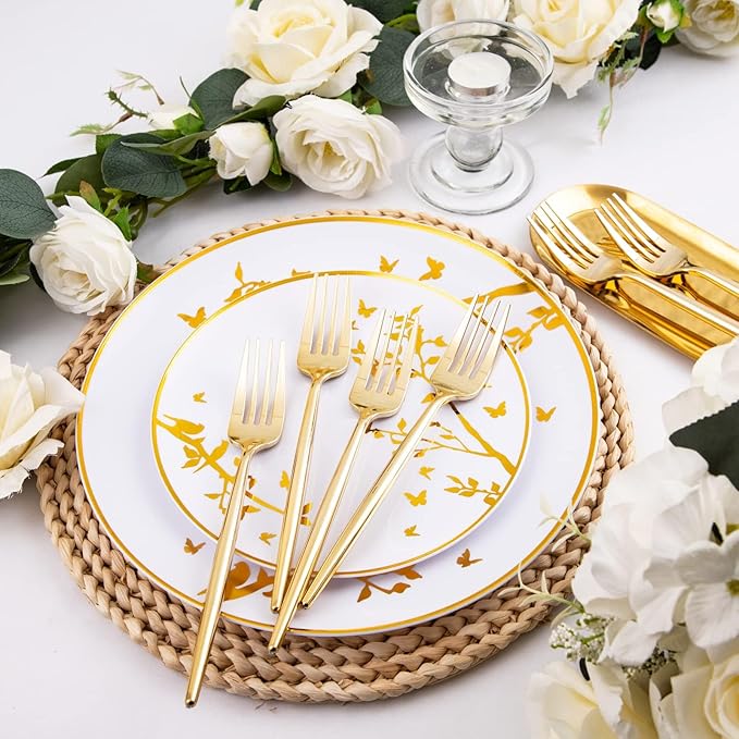 U-QE 180Pcs Gold Plastic Forks - 7.6 Inch Heavy Duty Plastic Forks, Heavyweight Gold Plastic Silverware Perfect For Parties & Weddings and Other Daily Events