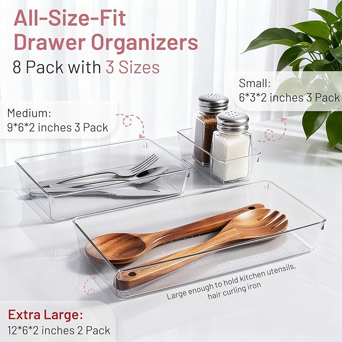 8 Pack Large Clear Plastic Drawer Organizer Bins - Acrylic Bathroom Drawer Organizer Trays - Heavy Duty Kitchen Drawer Dividers for Utensils - Non-Slip Storage Bins for Makeup, Bedroom, Office Desk