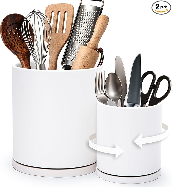 D'vine Dev 360° Rotating Utensil Holder Set – 7.2"+5" Kitchen Utensil Crocks for Countertop, Modern Cooking Tool Organizers for Kitchen Storage +Décor, White, Set of 2, 72-Z-A-1