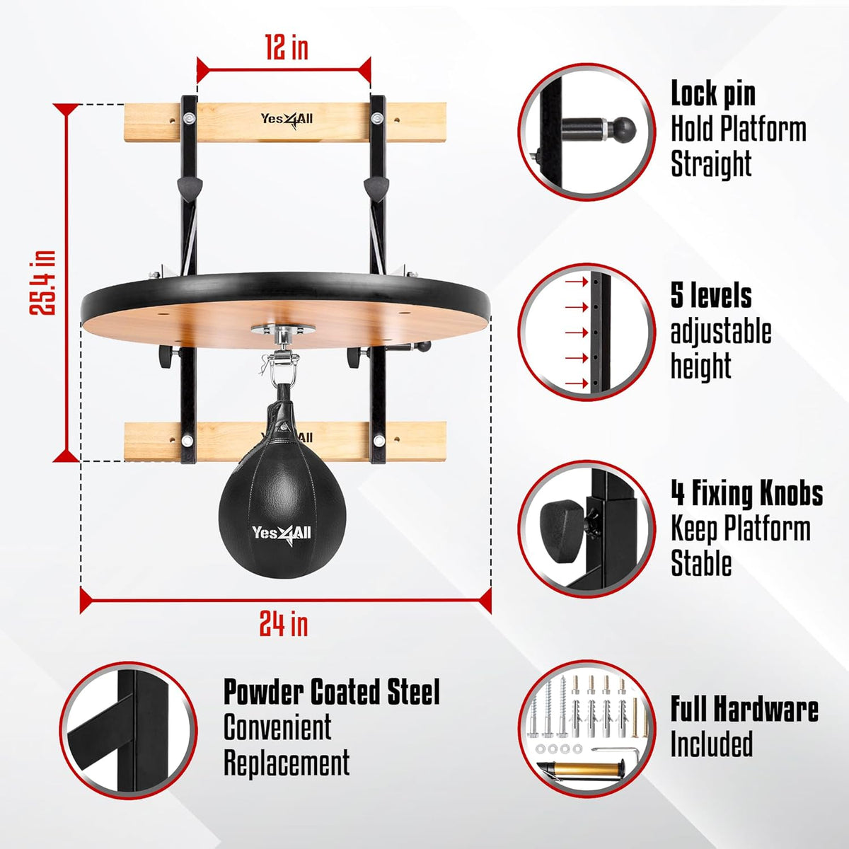 Yes4All 24 inches Adjustable Speed Bag Platform with Upgraded Speed Balls, Wall Mount Punching Bag Boxing Training Full Kit