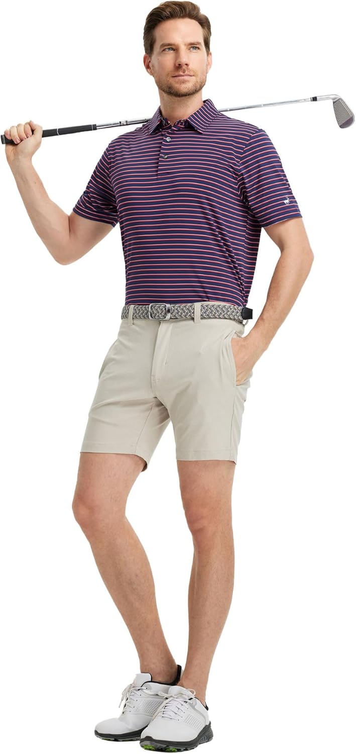 Rouen Mens Polo Shirts Short Sleeve Dry Fit Performance Moisture Wicking Causal Striped Polo Collared Golf Shirts for Men