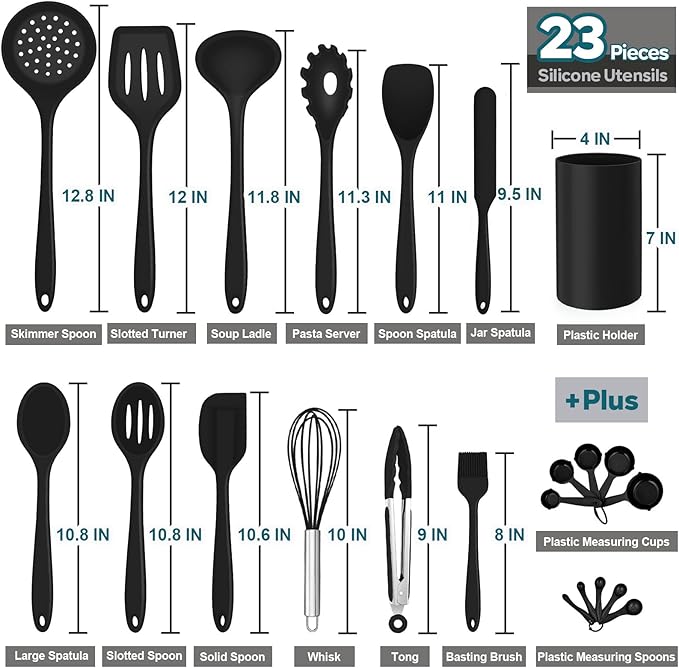 Silicone Kitchen Utensils Set, E-far 23 Pcs Black Cooking Utensils Tools with Holder for Nonstick Cookware, Include Spatula/Spoon/Ladle/Tongs/Turner, Heat Resistant & Nontoxic, Dishwasher Safe