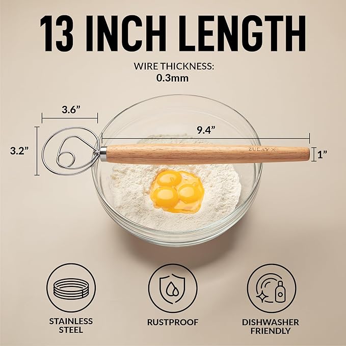 Zulay Kitchen 13-Inch Danish Dough Whisk - Stainless Steel Wooden Whisk with Dough Hook - Sourdough Whisk for Bread, Pizza, Pastry, Cake Batter & More - Wood