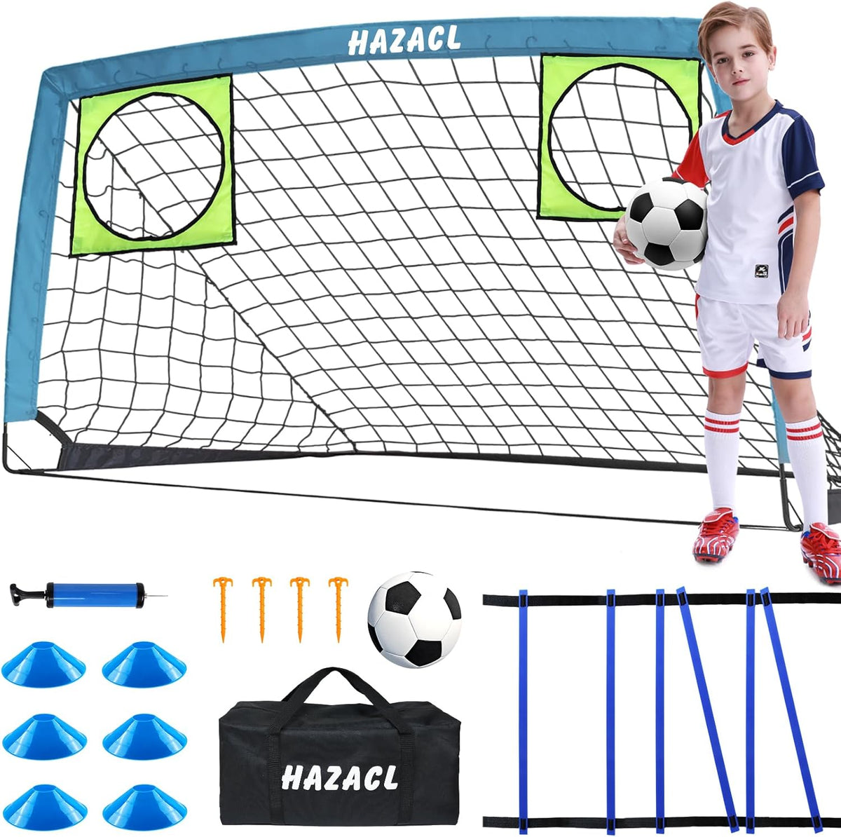 Kids Soccer Goal for Backyard, 6x4 9x5 FT Portable Soccer Nets Pop Up with Ball, Agility Ladder, Cones, Target & Carry Bag for Toddler Youth Outdoor Indoor Training Practice Sports Games Play