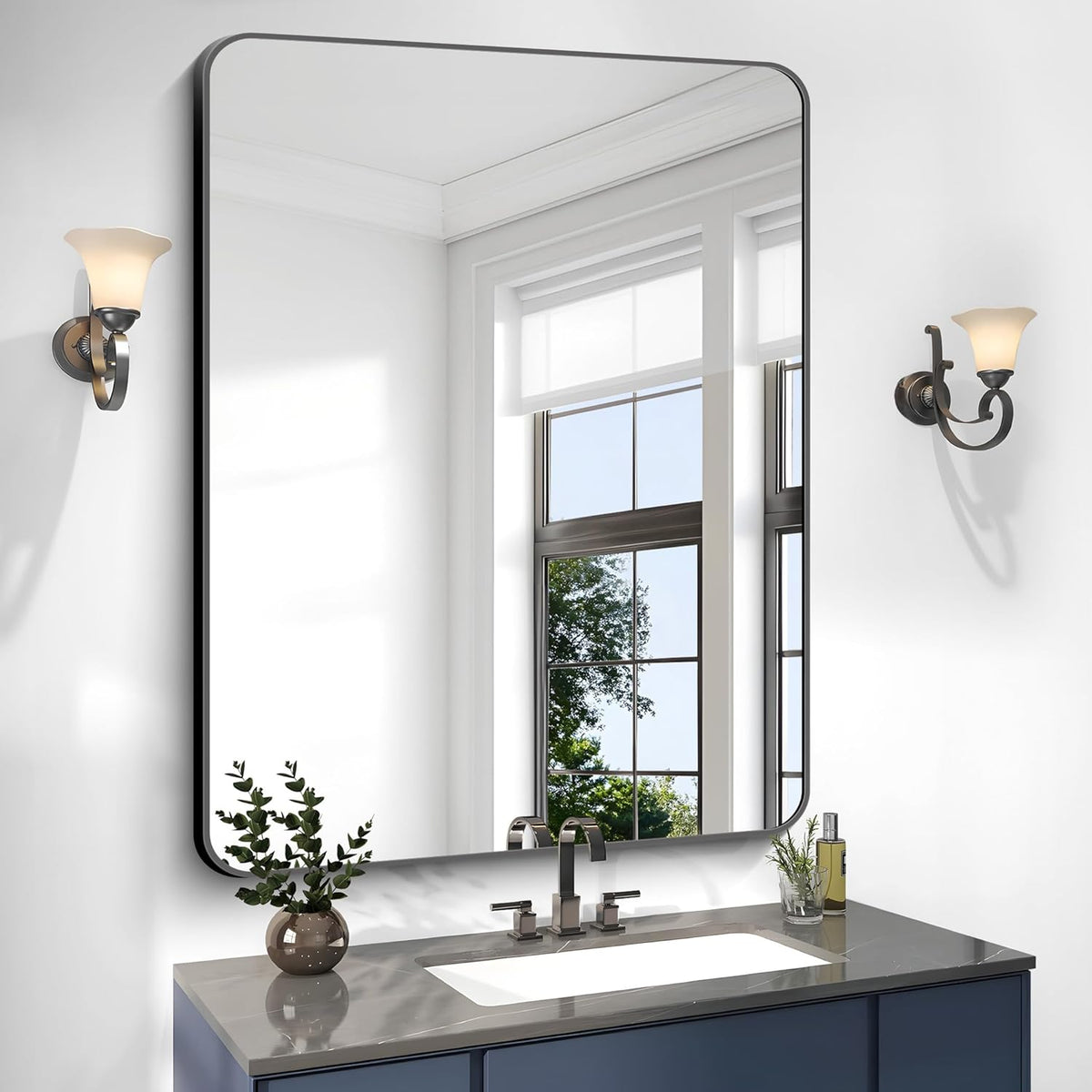 36x48 inch Bathroom Mirror,Black Rectangle Mirror,Wall Mounted Bathroom Frame Vanity Mirror with Round Corner for Bedroom Living Room, Entryway Hangs Horizontal or Vertical