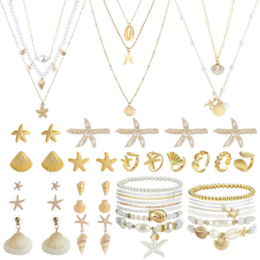 42 Pcs Starfish Seashell Jewelry Set Beach Jewelry for Women Summer Mermaid Accessories Layer Necklace Bracelets Stackable Rings Anklet Stud Earrings Pearl for Holiday Vacation Wedding Party Gifts