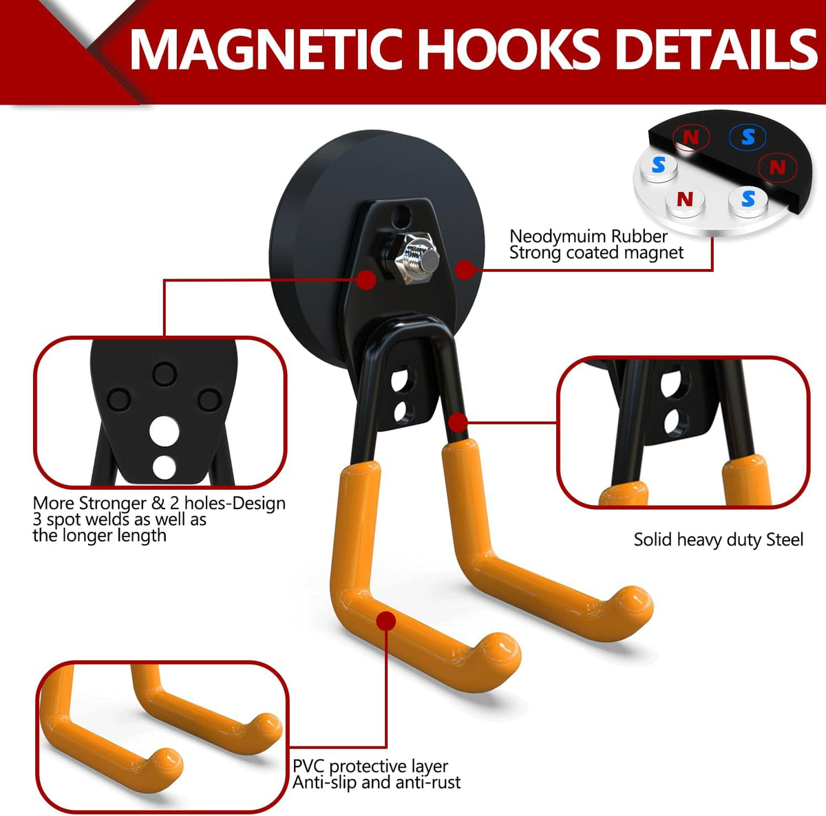 3-H Heavy Duty Magnet Garage Hooks 2 Pack, Large Strong Magnetic Hooks for Hanging Cordless Power Drill, Utility Magnetic Tool Holder for Metal Cabinet, Steel Pegboard, Toolbox, Garage(Orange)