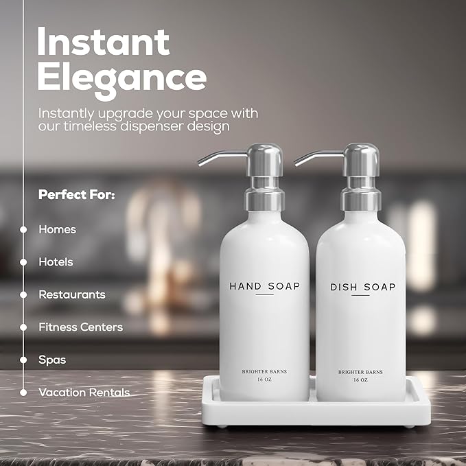 White Glass Hand and Dish Soap Dispenser Set by Brighter Barns - Kitchen Soap Dispenser Set with Tray & Pump for Office, Hotel, Vacation Rental, Airbnb - Modern Kitchen Decor & Accessories (White)