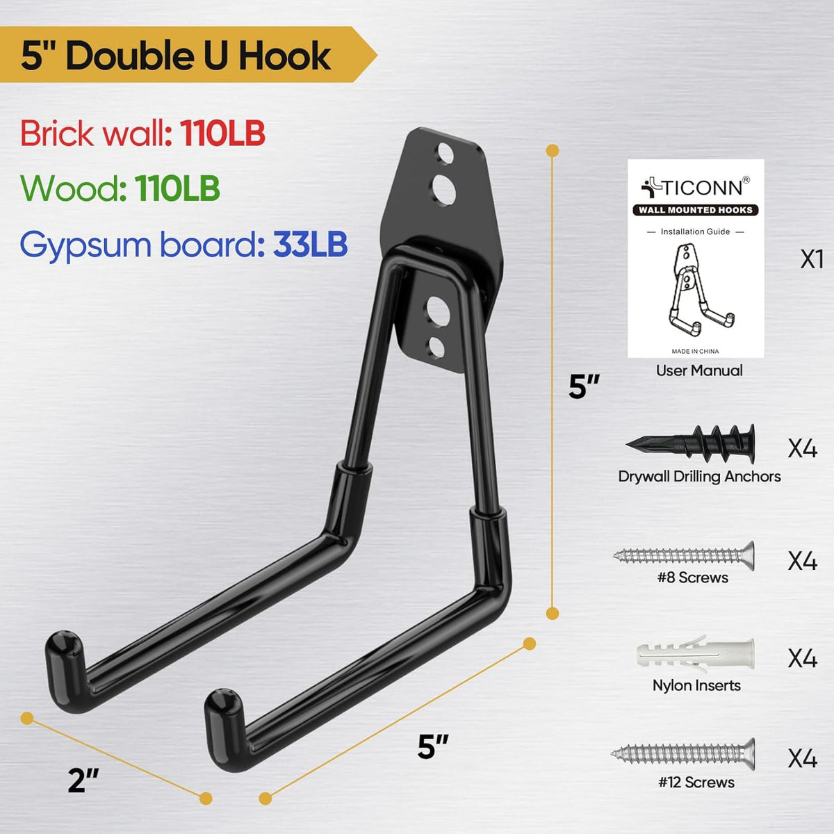 TICONN 2 Pack Heavy Duty Garage Hooks, Steel Utility Wall Storage Hooks, Wall Mount Hanger Organizer for Ladders, Bikes, Tools, Bulky Items (Medium, Black Square)