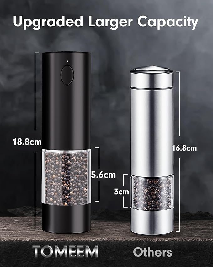 Upgraded Larger Capacity Electric Salt and Pepper Grinder Set Rechargeable with LED lights, Stainless Steel Automatic Pepper and Salt Grinder Refillable with 5 Adjustable Coarseness Black - White