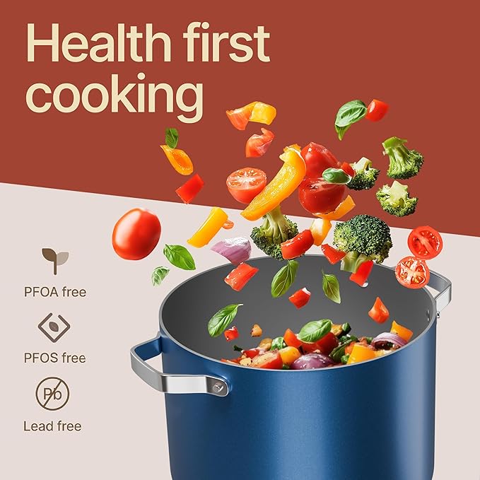 Bakken 12.5 Quart Ceramic Coated Stock Pot with Lid, Easy Clean Nonstick Pot, Tempered Glass Lid, Riveted Stainless Steel Handles, Oven Safe Up To 500°F, PTFE & PFAS Free, All Stove Compatible, Blue