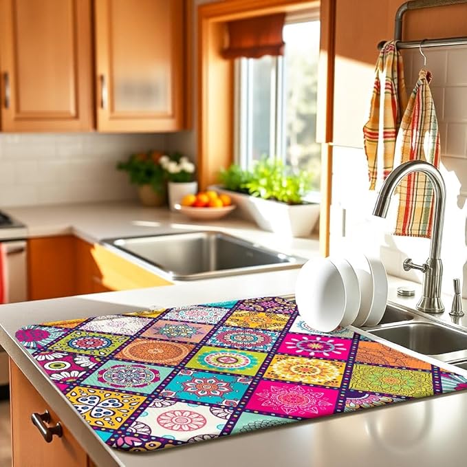 Boho Drying Mat 16" X 18" Abstract Plaid Kitchen Counter Stone Large Dish Drying Mats For Kitchen Colorful Drying Mats For Home Counter Flower Drying Mats For Dishes Dish Table Mat Drying Kitchen Mat