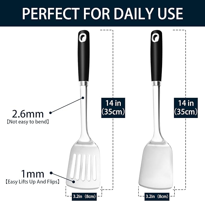14-in Spatula Set, 18/0 Stianless Steel Heavy Duty Turner & Slotted Spatula, Kitchen Cooking Utensils Set, High Heat Resistant, Grilling Frying Serving Food, Pack of 2