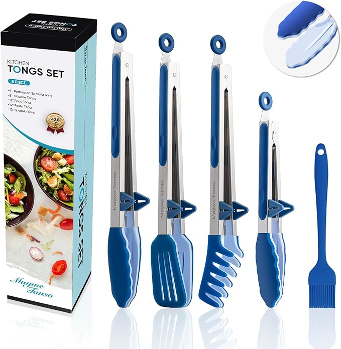 5-Pack Silicone Tongs for Cooking,Maywe Tanso 4PCS 13-Inch Kitchen Tongs with Silicone Tips,Nonstick Stainless Steel Tong for Steak Pie Pizza Pasta Spaghetti Salad BBQ Buffet,Plus Brush