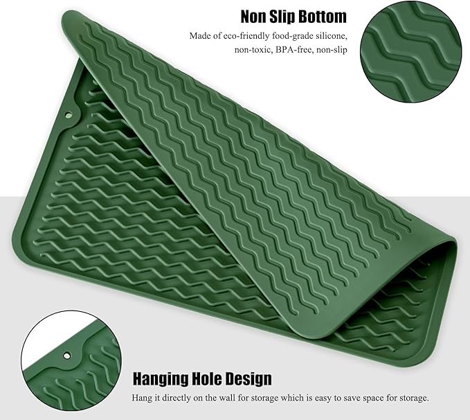 Large 17" x 14" Silicone Dish Drying Mat for Kitchen Counter, Easy clean, Quick Dry, Heat-resistant Dish Drainer Mat for Sink,Refrigerator or Drawer liner (Food Grade Silicone-Dark Green)
