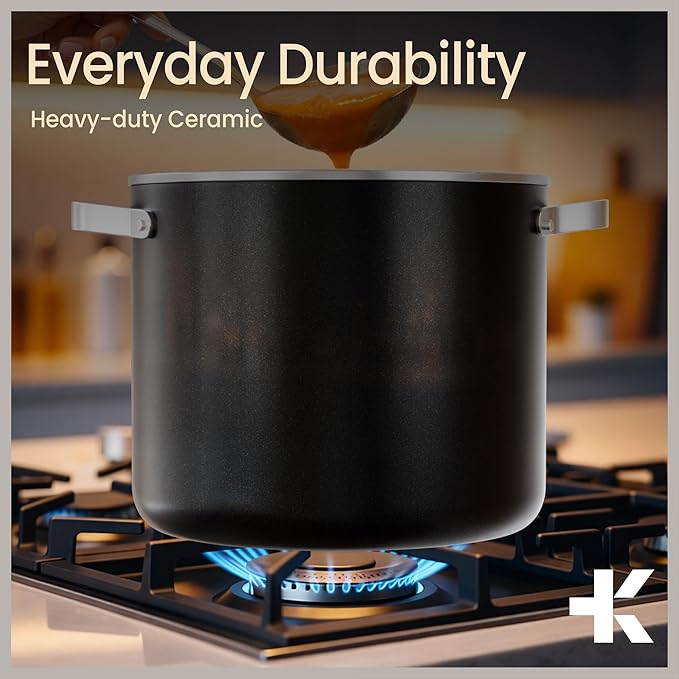 Bakken 16 Quart Ceramic Coated Stock Pot with Lid, Easy Clean Nonstick Pot, Tempered Glass Lid, Riveted Stainless Steel Handles, Oven Safe Up To 500°F, PTFE & PFAS Free, All Stove Compatible, Black