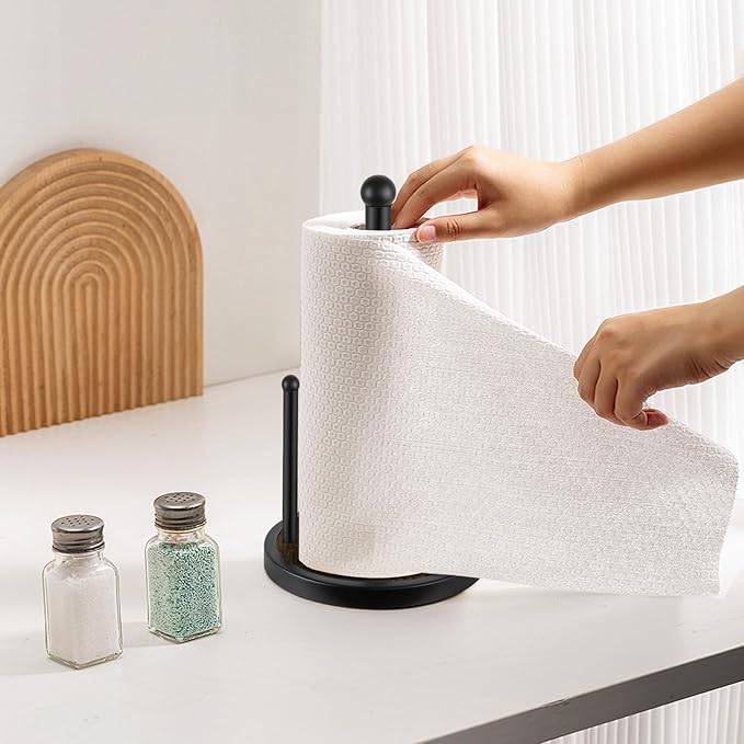 YINMIT Paper Towel Holder Countertop, Standing Paper Towel Roll Holder with Wooden Base, Rustic Farmhouse Paper Towel Holders for Kitchen Counter, Fits Standard or Jumbo-Sized Rolls