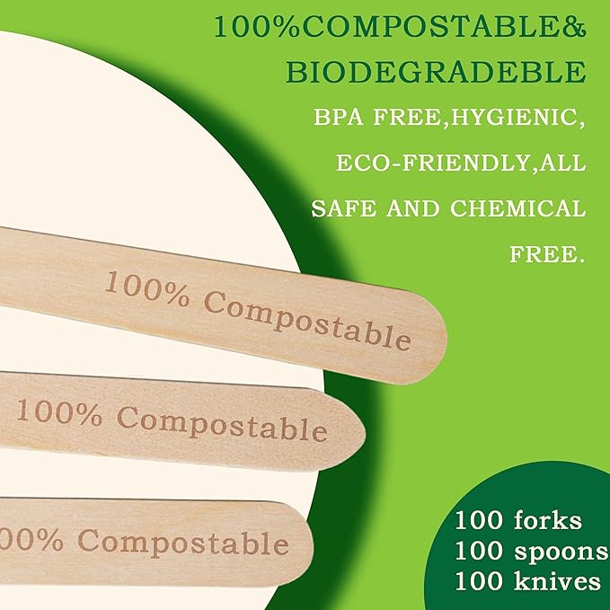 Disposable Wooden Forks -Pack of 100, 6.5" Length-Biodegradable, Natural Wooden Utensils, Great for Parties,Camping,Weddings&Dinner Events (Forks)