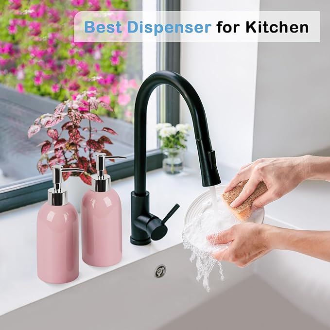 Natheeph 14OZ Ceramic Soap Dispenser Ceramic Soap Pump Dispenser Can Fill Liquid for Bathroom/Kitchen (2PC Pink)