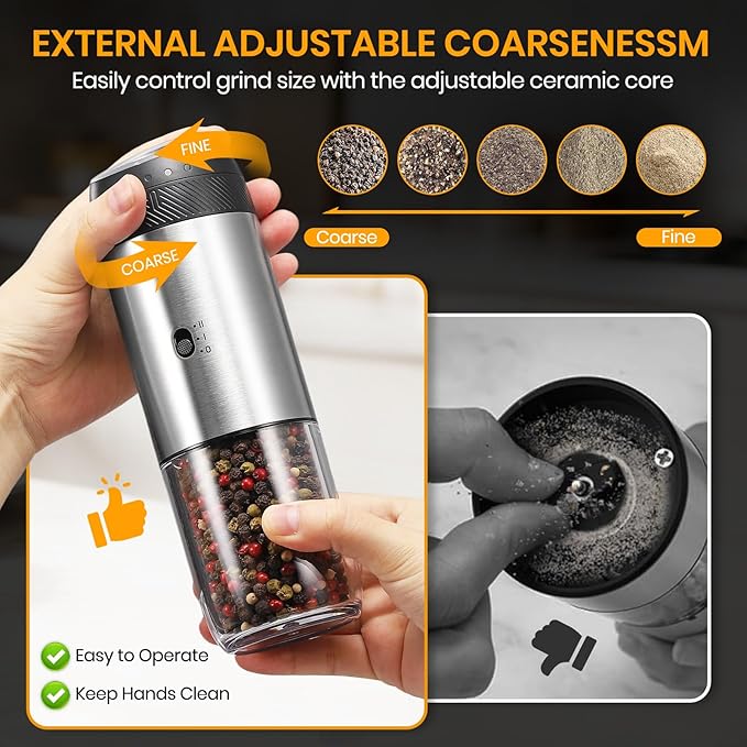 Rechargeable Gravity Electric Salt Grinder Set with Variable Grinding Speed, External Adjustable Coarseness,Charging Base and White LED Light,Stainless Steel