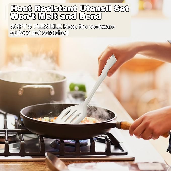 E-far 10 Pieces Silicone Cooking Utensils Set, Heat Resistant Kitchen Utensil Set for Nonstick Cookware, Kitchen Cooking Tools with Spatula, Spoon, Slotted Turner, Non-Toxic & Dishwasher Safe (White)